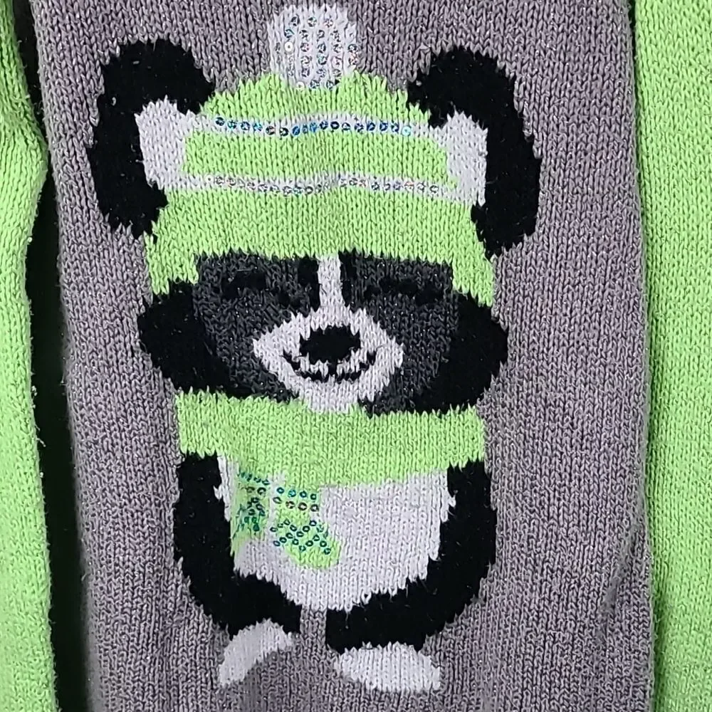 Justice Cute Winter Bear Sweater Girls 14 Pullover Neon Green/Gray Long Sleeves